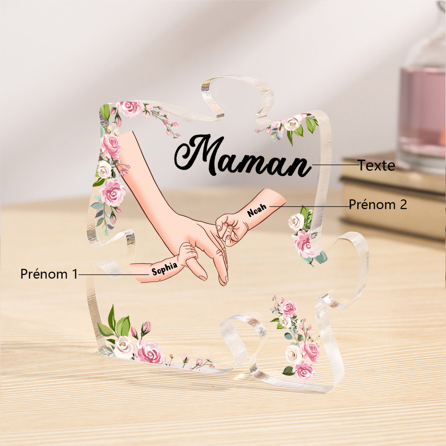 Plaque Acrylique en forme de Puzzle la main dans la main 2 Prénoms et 1 Texte Personnalisés