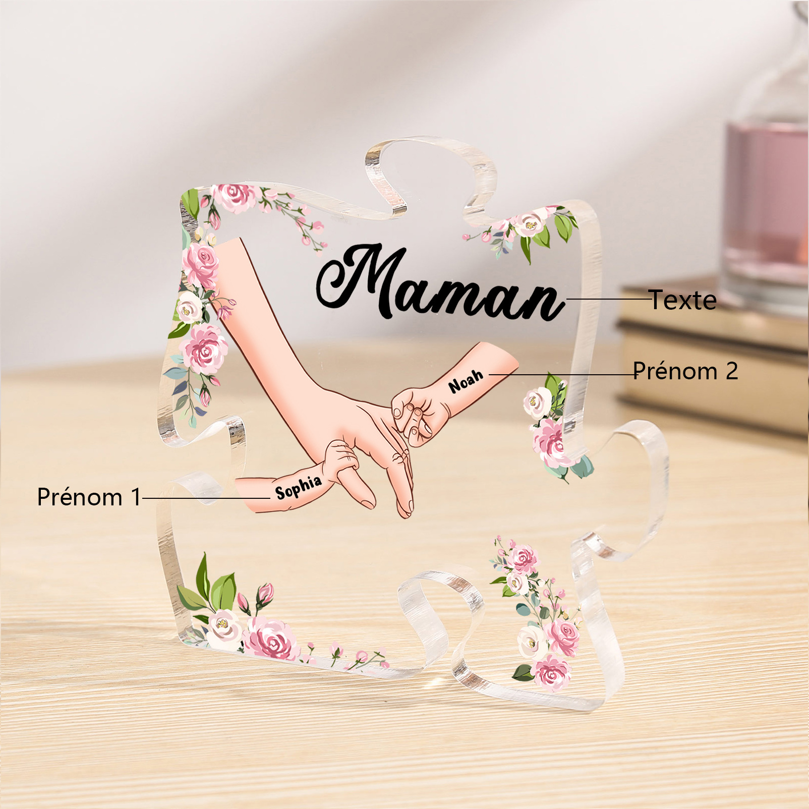Plaque Acrylique en forme de Puzzle la main dans la main 2 Prénoms et 1 Texte Personnalisés