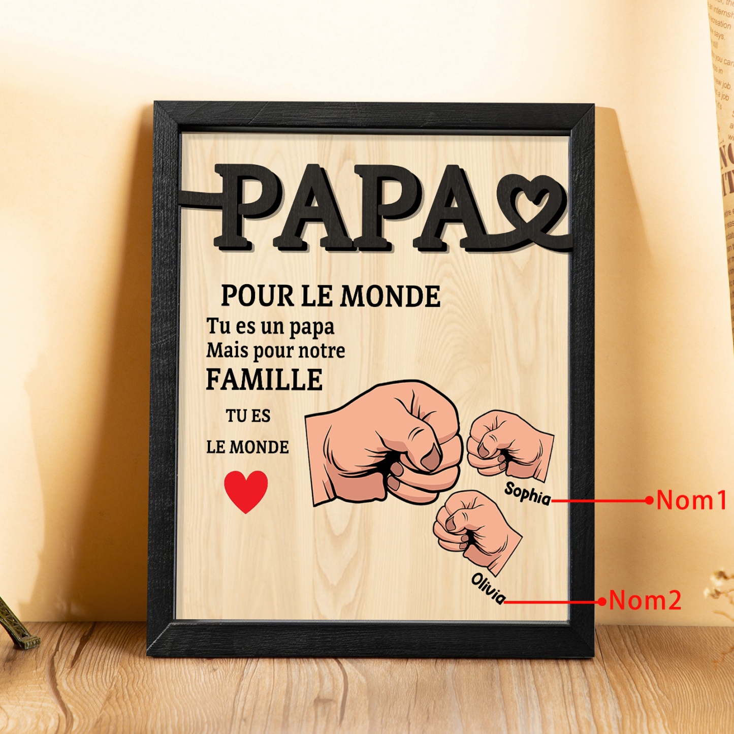 À Mon Papa-Cadre en Bois Poings 2 Prénoms Personnalisés