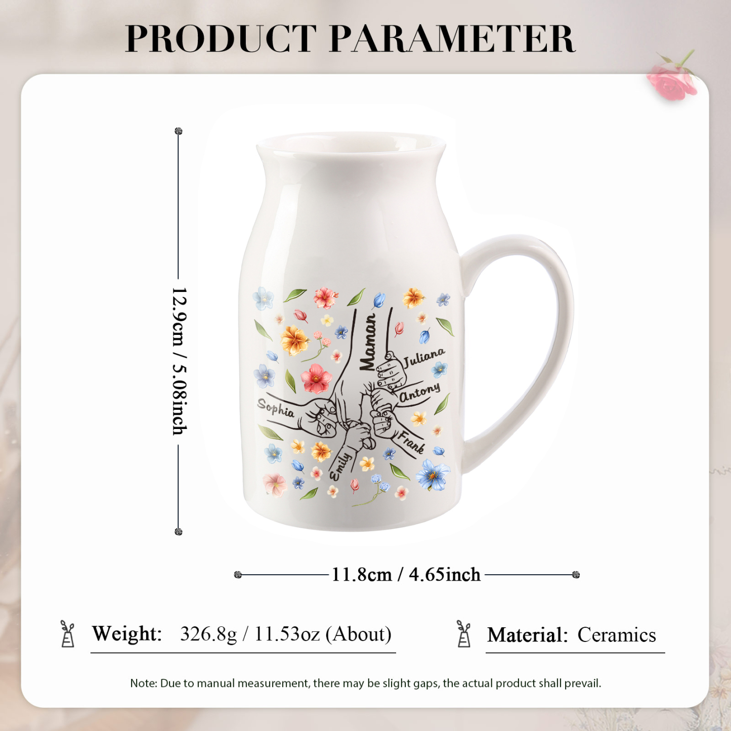 Vase à Fleurs la main dans la main 6 Prénoms Personnalisés Décoration de la Maison