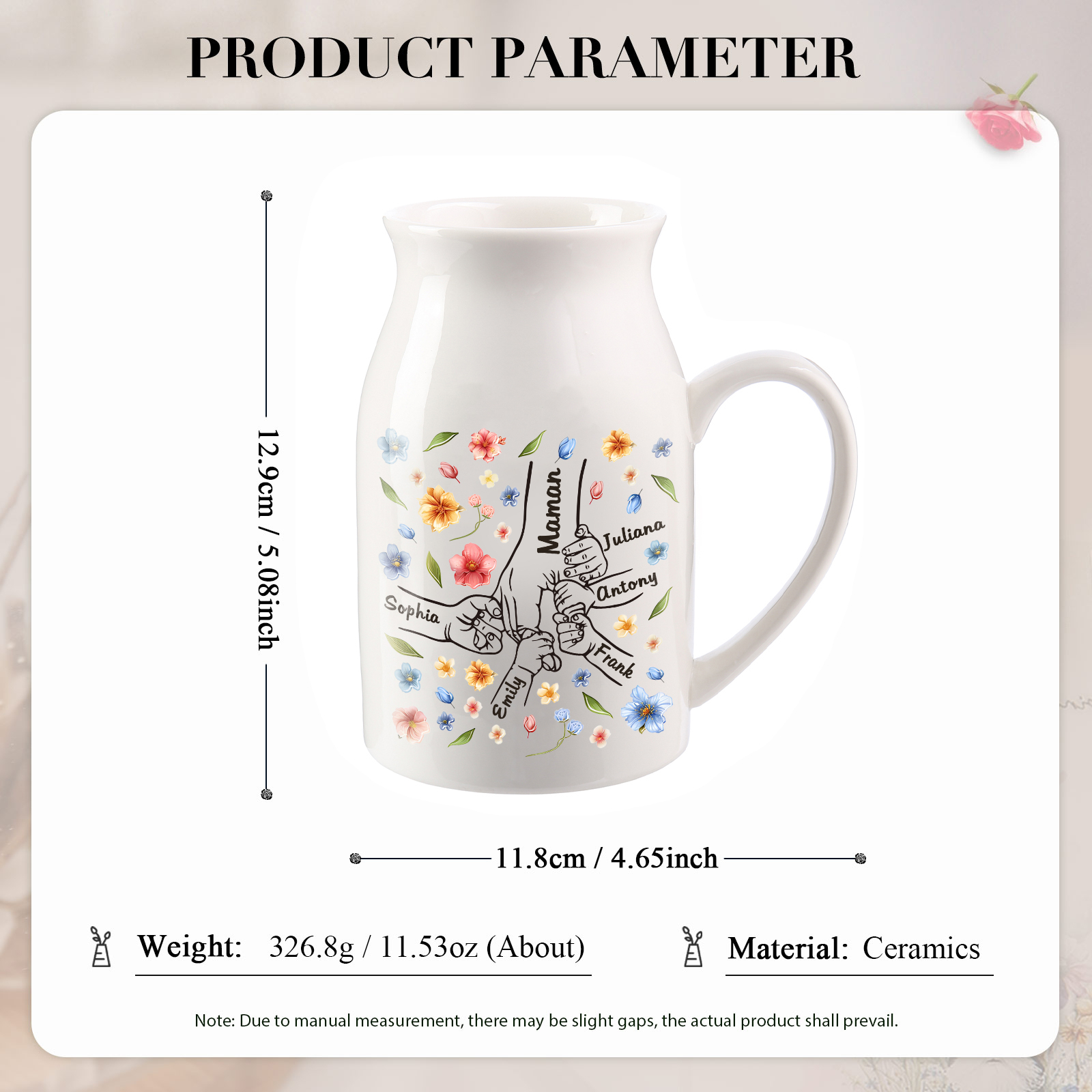 Vase à Fleurs la main dans la main 6 Prénoms Personnalisés Décoration de la Maison