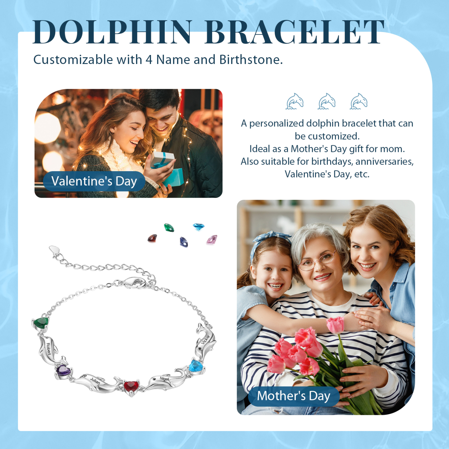Bracelet dauphin 4 Prénoms Personnalisé avec 4 Pierres de Naissance