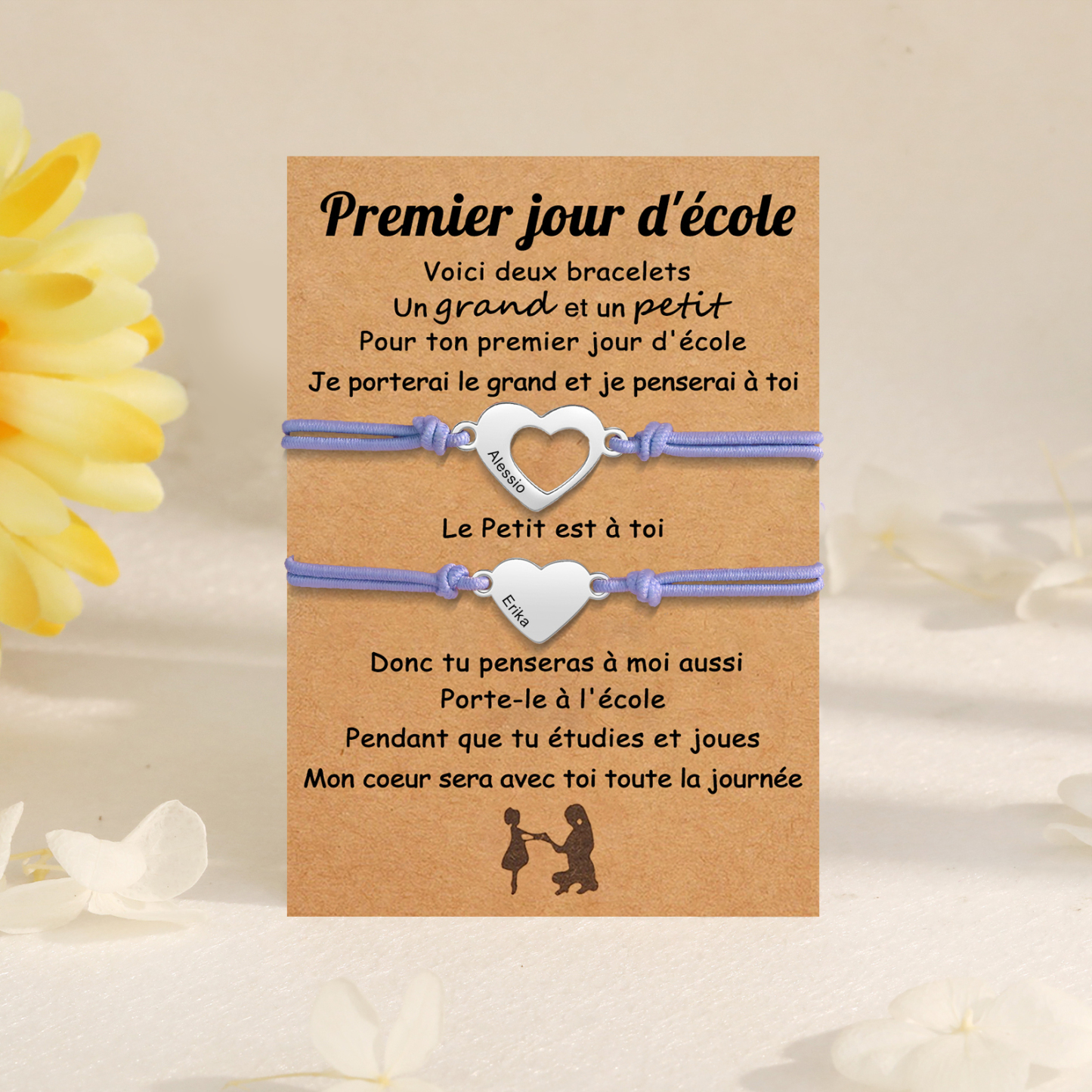 2PCS Bracelets Cœur 2 Prénoms Personnalisés Bracelet en Commun corde élastiques Cadeau Rentrée Scolaire Premier jour d’école|Jessemade