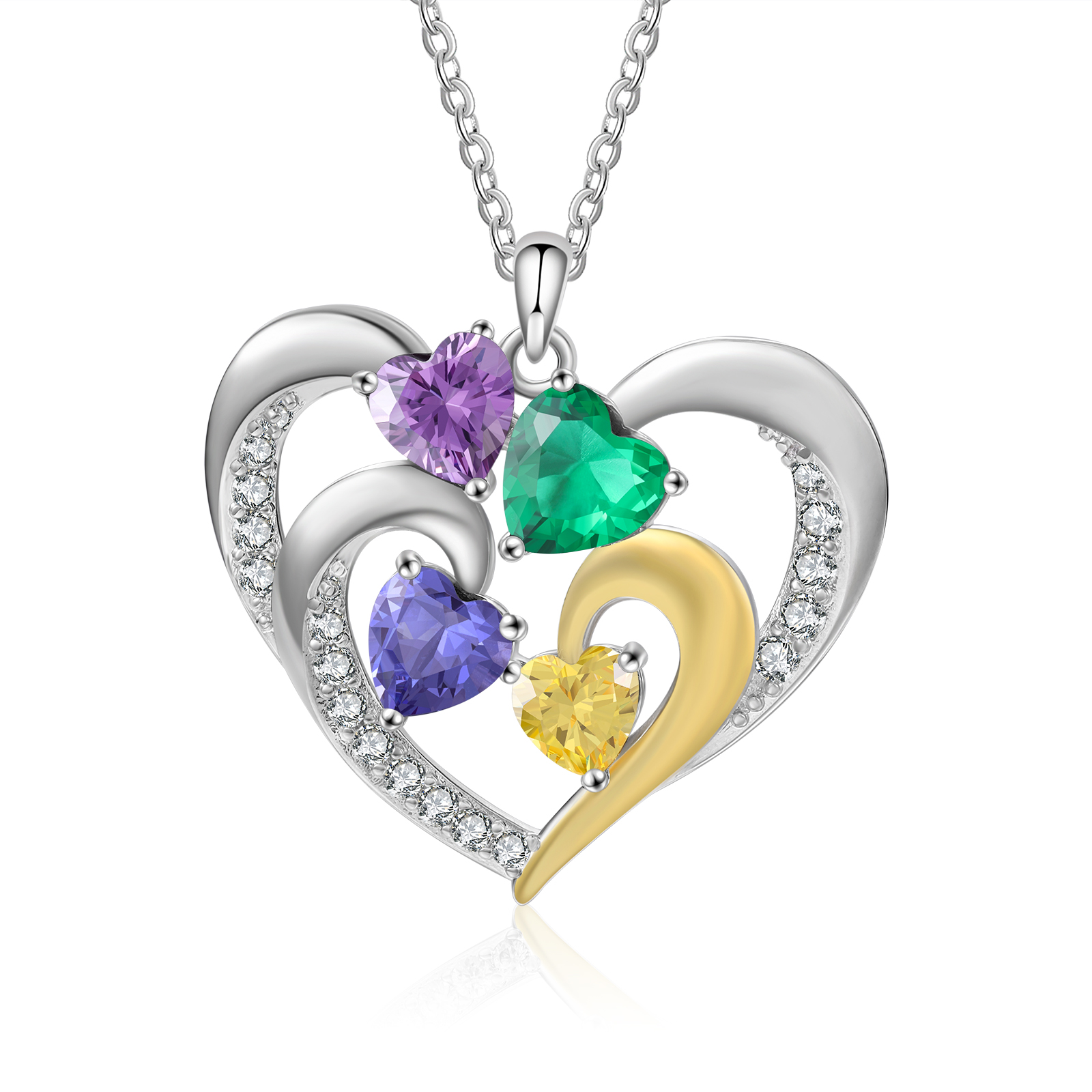 Collier Argent 925 Pendentif Cœur 4 Prénoms et 1 Texte Personnalisés avec 4 Pierre de naissance pour Femmes