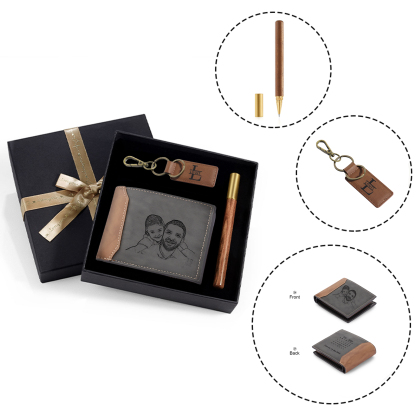 Coffret Cadeau 3PCS - Portefeuille classique Porte-Clés et Stylo 1 Prénom et Lettre Personnalisés avec 1 Photo Date et TexteCoffret Cadeau pour Homme