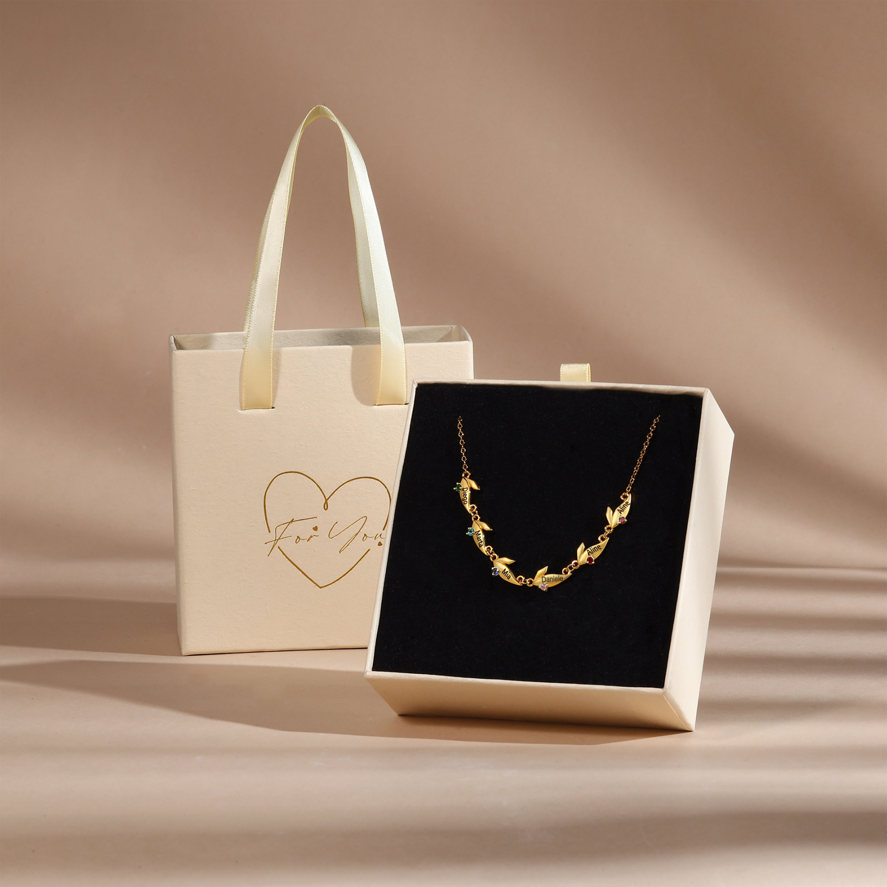 Collier Feuille 3 Prénoms Personnalisés avec Pierre de naissance Collier Femmes