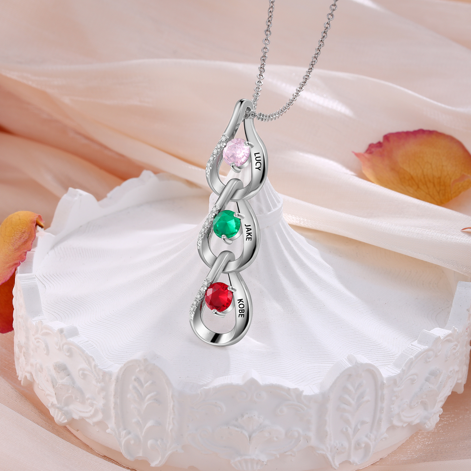 Collier Pendentif Goutte d'eau 3 Prénoms Personnalisés avec Pierres de naissance