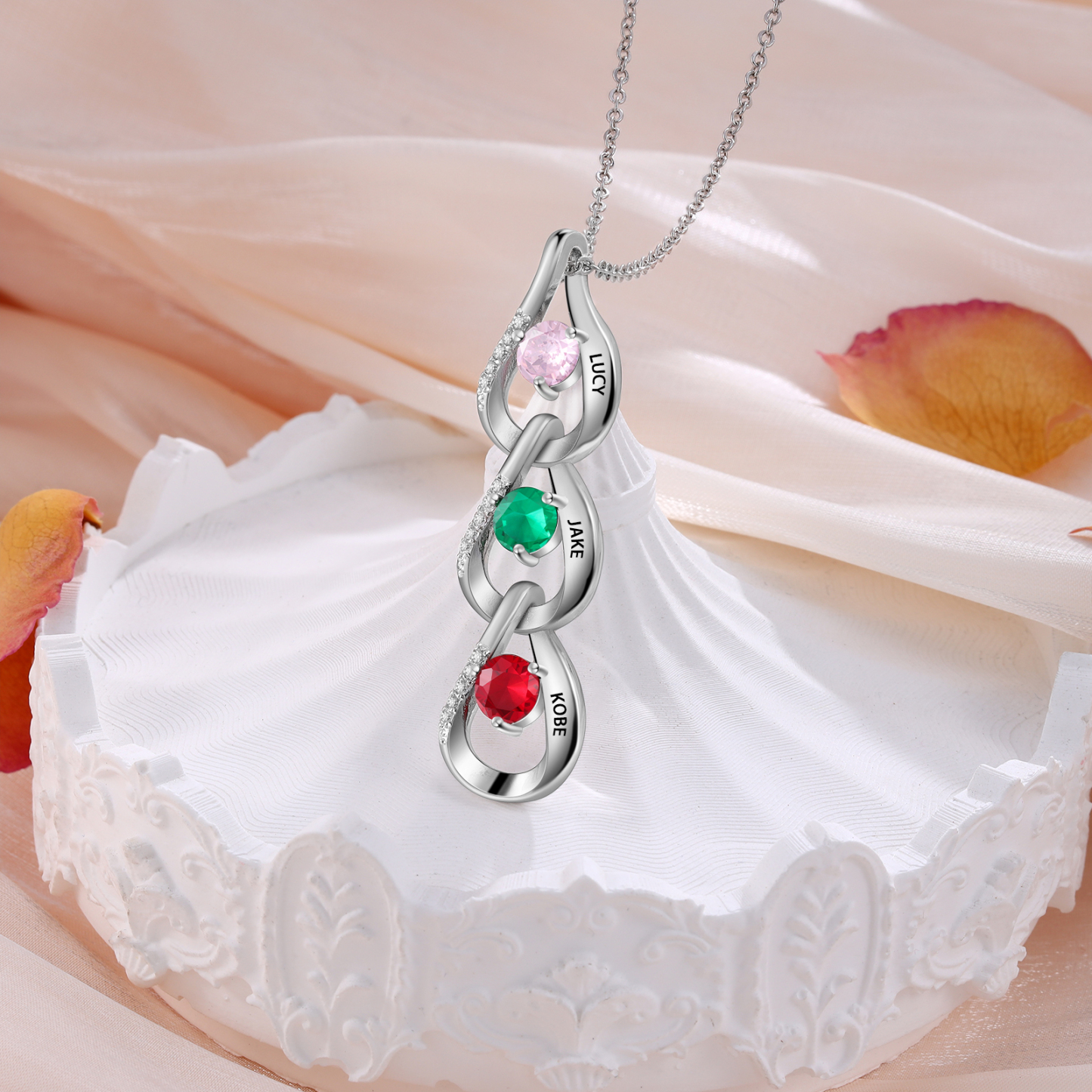 Collier Pendentif Goutte d'eau 3 Prénoms Personnalisés avec Pierres de naissance