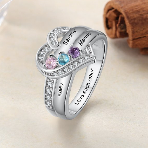 Bague Argent 925 3 Prénom Personnalisé avec 3 Pierre de Naissance
