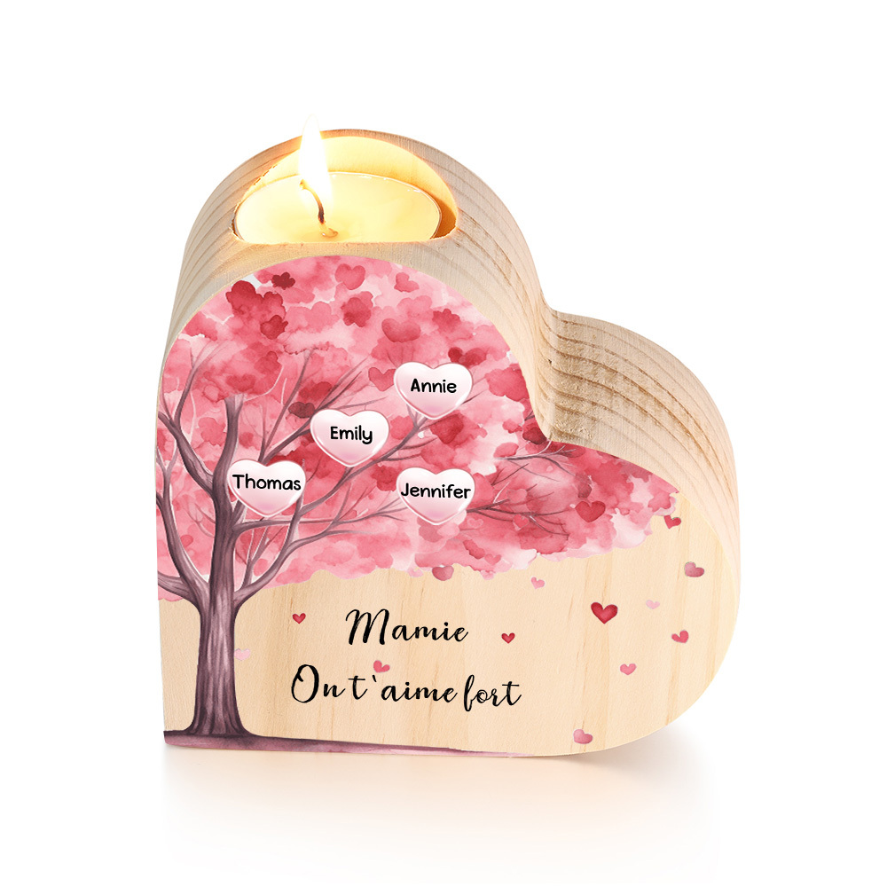 À Ma Maman/Mamie - Bougeoir en Bois Arbre 4 Prénoms et 1 Texte Personnalisés pour Famille sans bougie