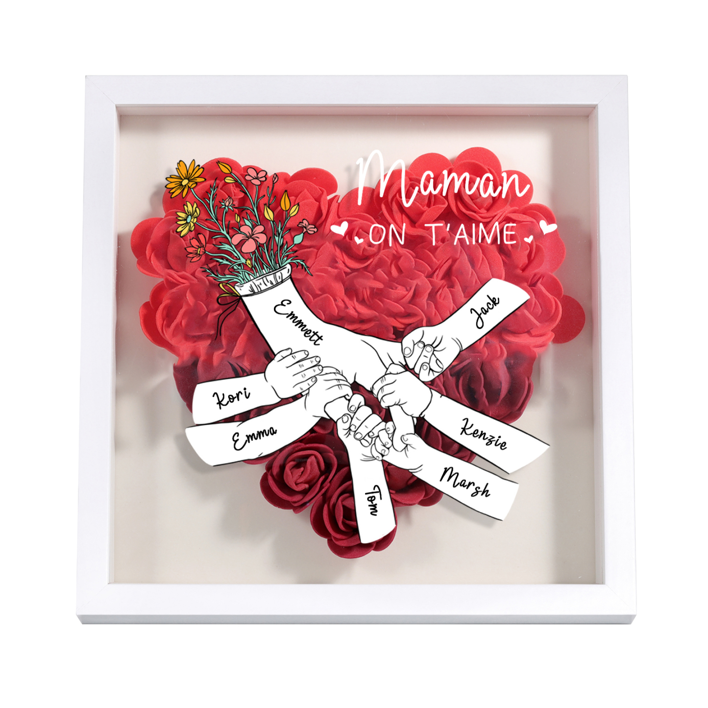 À ma Maman - Cadre Panneau de densité la main dans la main 7 Prénoms et 1 Texte Personnalisés Ornements Floral pour Famille