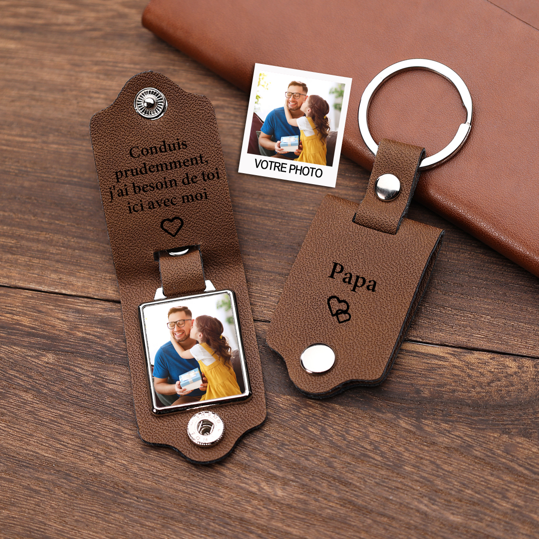 À mon Papa - Porte-Clés Cuir Texte et Photo Personnalisés