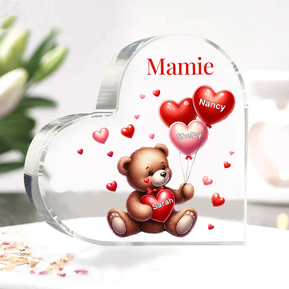 À ma Maman/Mamie - Plaque Acrylique en Forme de Cœur Ours 3 Prénoms Personnalisés avec 1 Texte