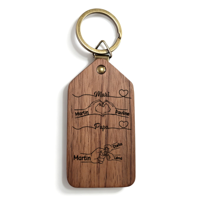 Porte-Clés Photo Personnalisé en Bois avec 2 à 9 Prénoms et des Poings pour Papa ou Mari