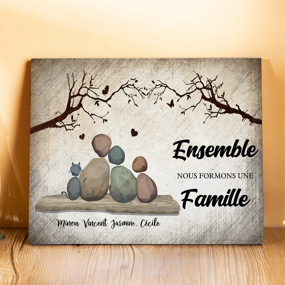 Tableau en Bois Personnalisé Famille en Galets avec Prénoms pour couple ou Famille – « Ensemble, nous formons une famille »