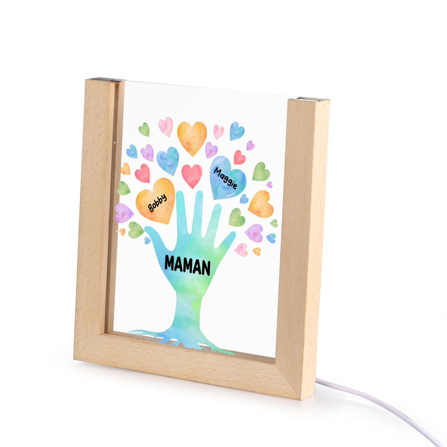 À Maman/Mamie - Lampe de chevet LED Main et Cœur 2 Prénoms Personnalisés avec 1 Texte