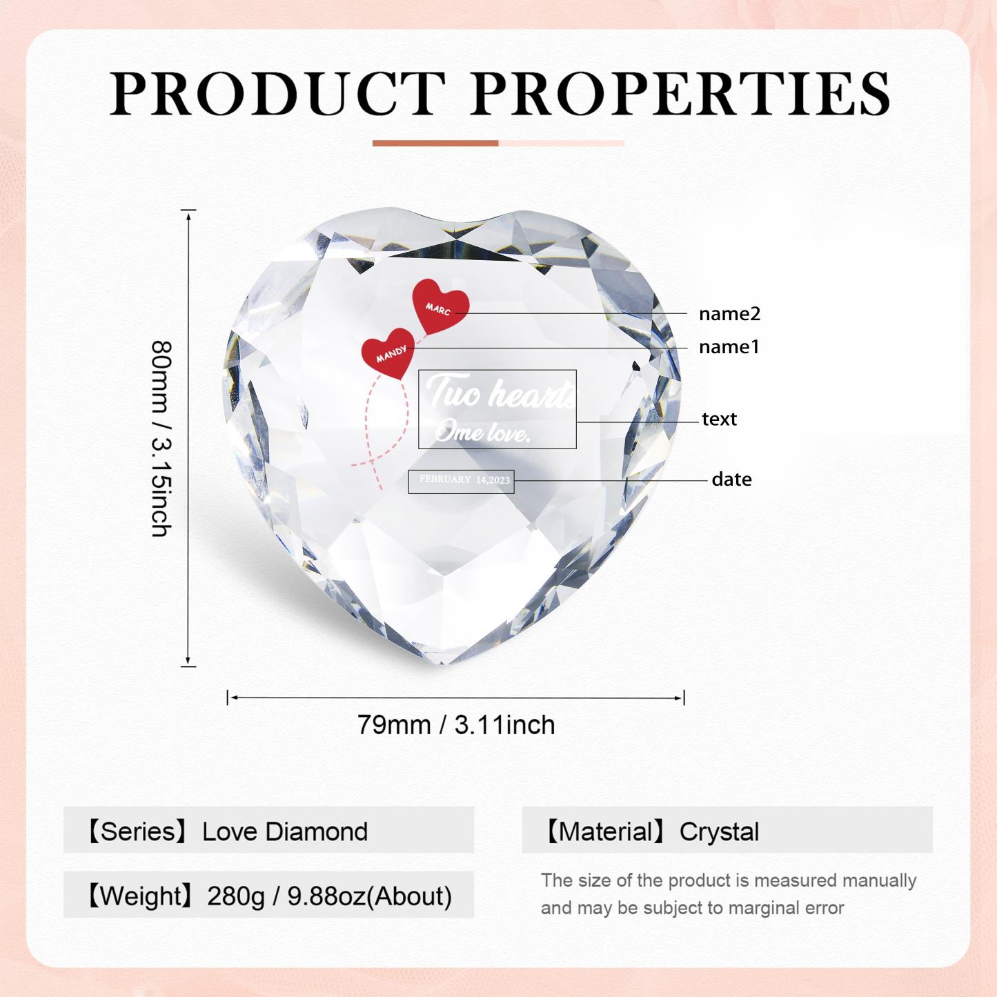 Décoration Cristal Cœur 2 Prénoms Personnalisés avec Texte et Date pour Couple