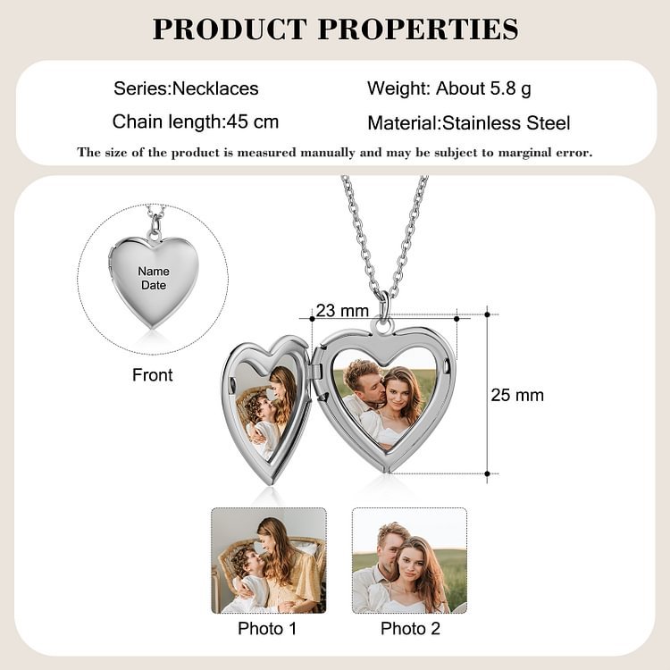 Collier Coeur 1 Prénom et 2 Photos Personnalisés avec Date pour Femme｜Jessemade
