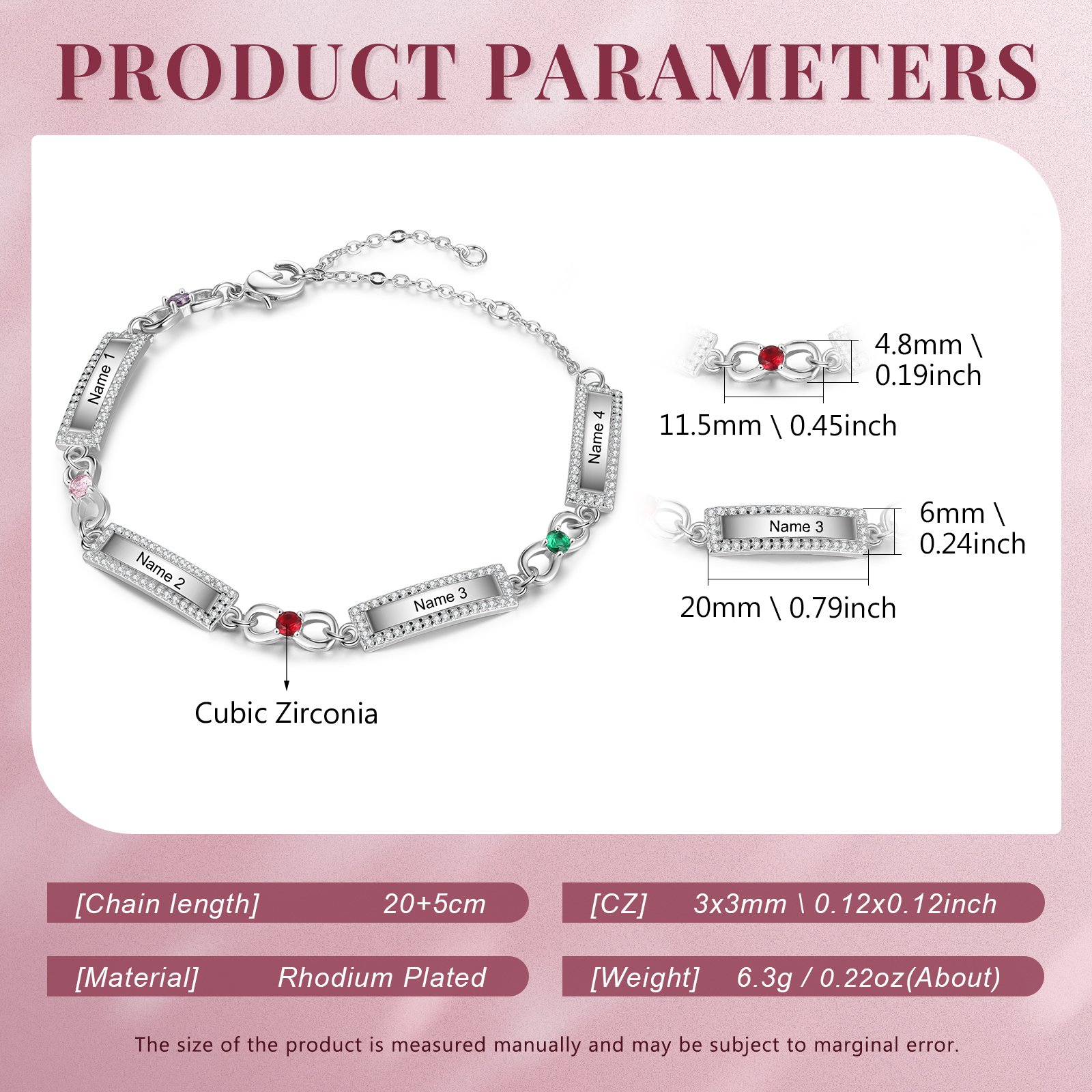 Bracelet Infini 4 Prénoms Personnalisé avec 4 Pierres de Naissance