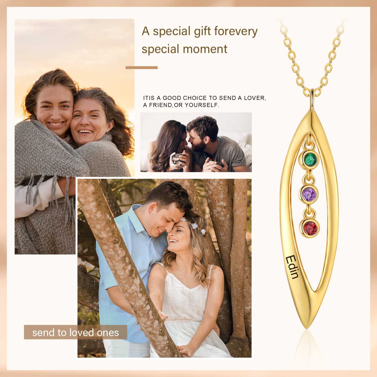Collier Pendentif Feuilles 1 Prénom et 3 Pierres de Naissance Personnalisés Collier Femmes | Jessemade