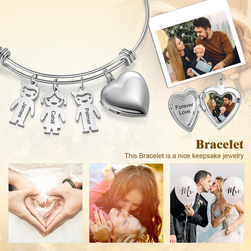 Bracelet Photo Personnalisé Coeur Avec 3 Enfants Breloques
