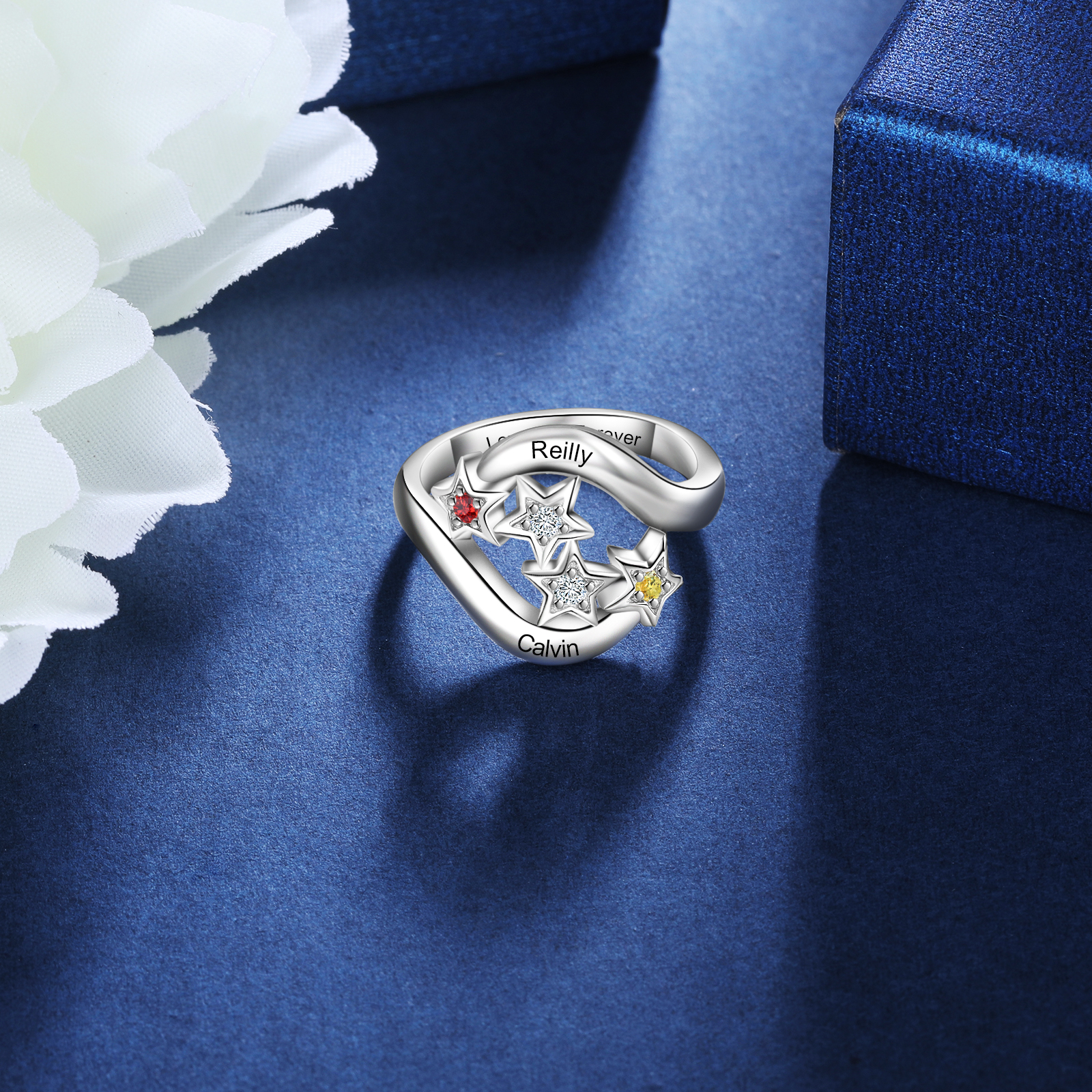Bague étoilé 2 Prénom Personnalisé avec 2 Pierre de Naissance et texte en Argent 925