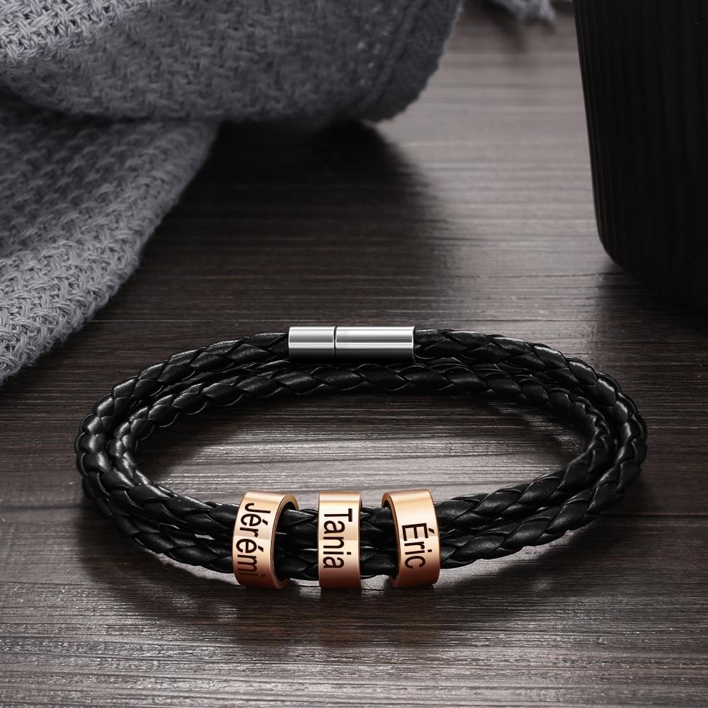 Bracelet Cuir tressé Prénom Personnalisé Cadeau papa Avec 3 Perles