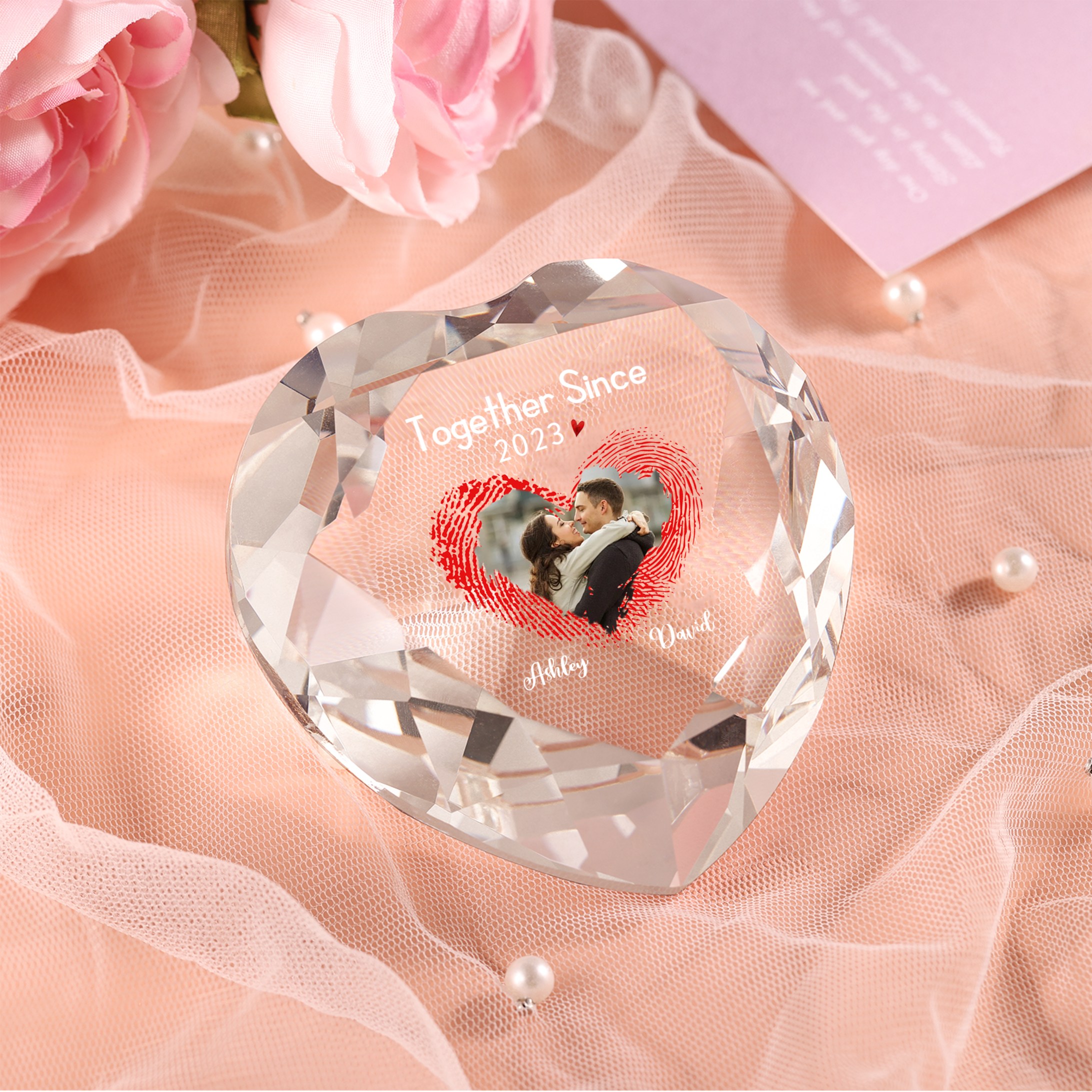 Décoration Cristal Cœur 2 Prénoms et 1 Photo Personnalisés avec Texte et Année pour Couple