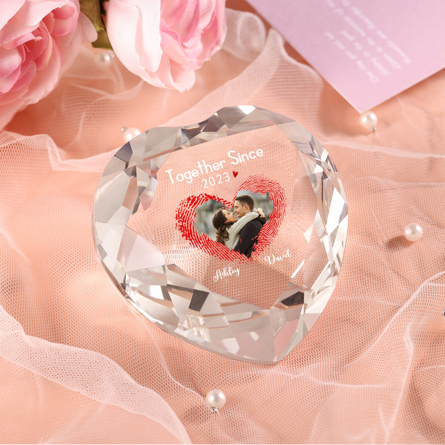 Décoration Cristal Cœur 2 Prénoms et 1 Photo Personnalisés avec Texte et Année pour Couple