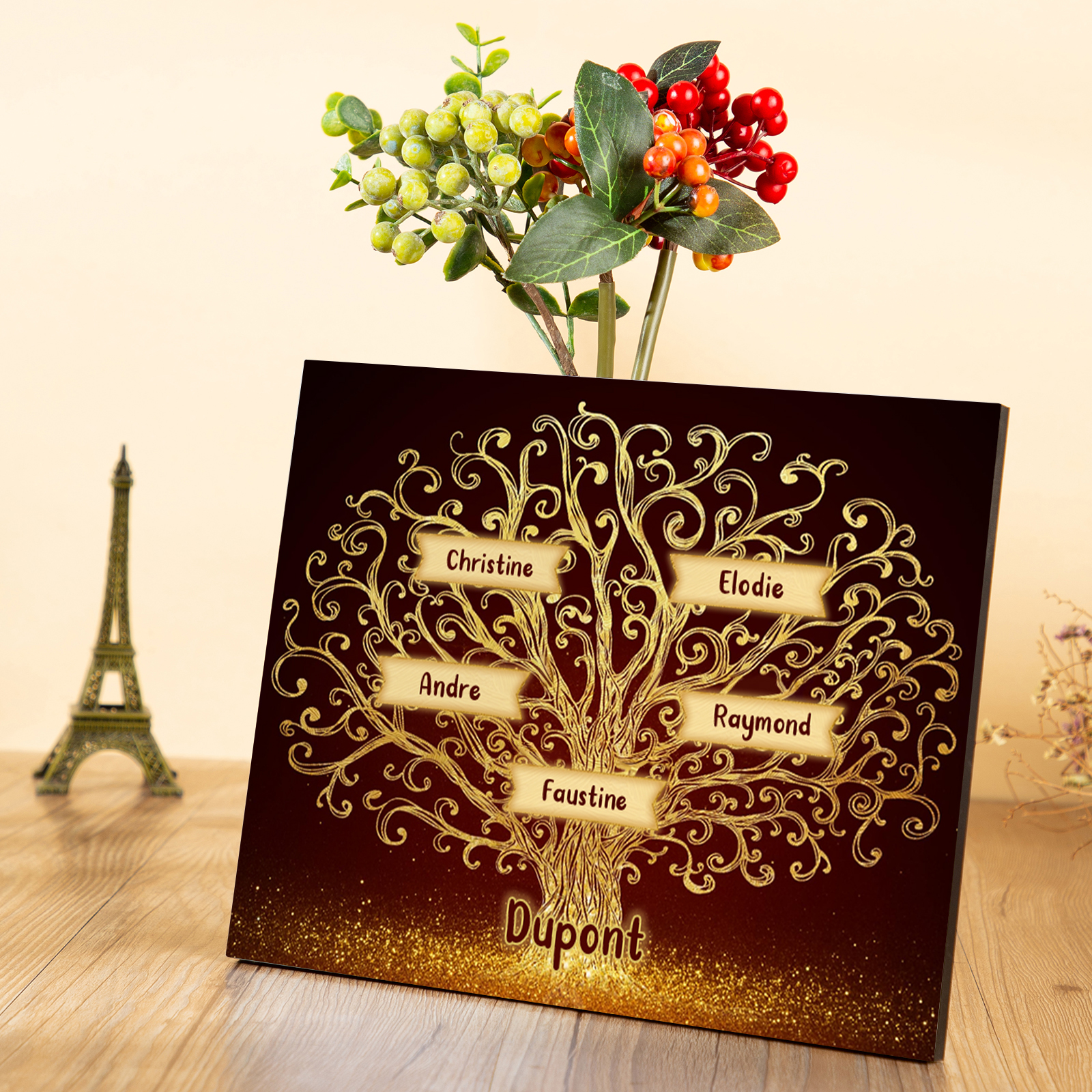 Cadre en Bois Arbre 5 Prénoms Personnalisés avec Texte Cadeau pour Famille