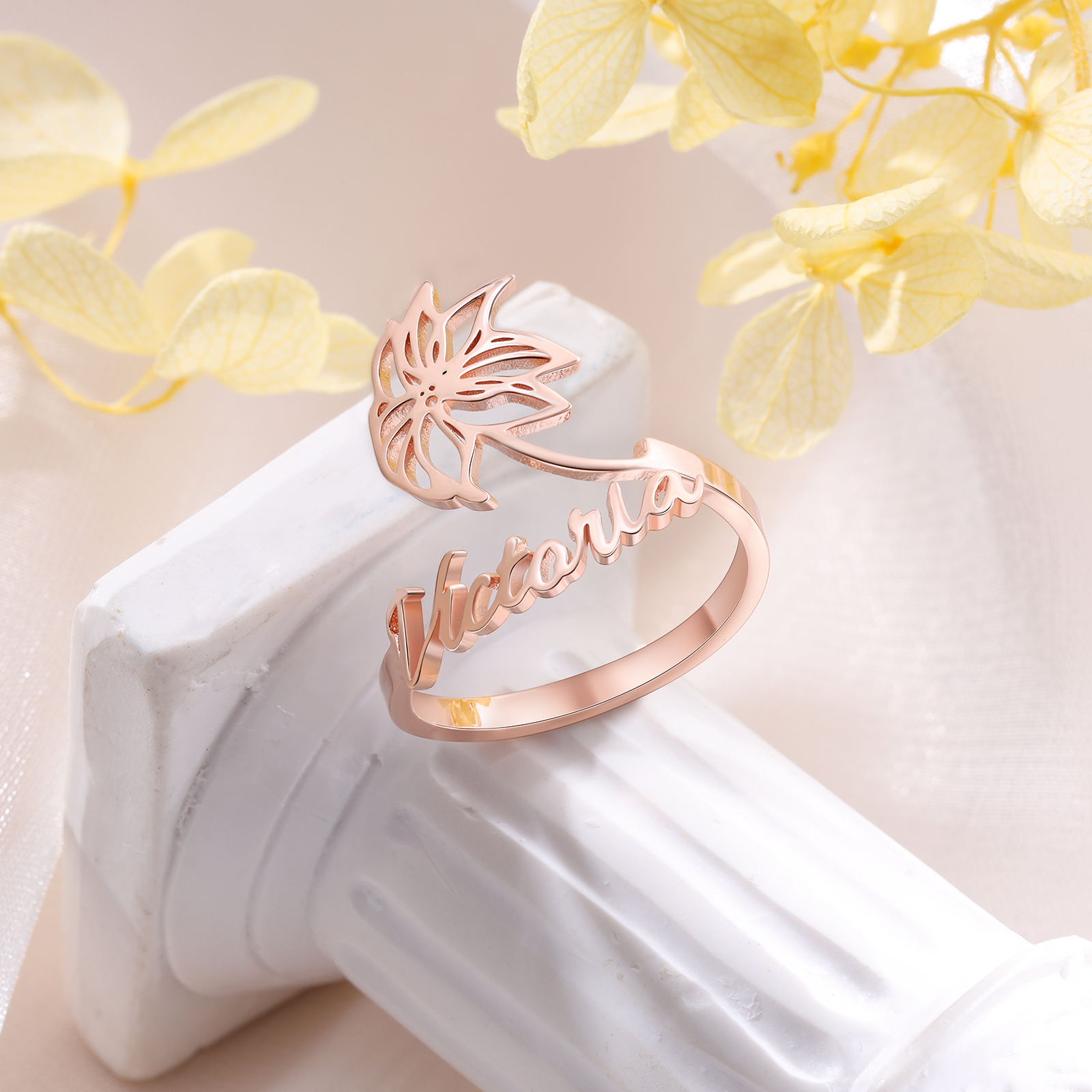 Décembre Bague Ajustable prénom personnalisé fleur de naissance