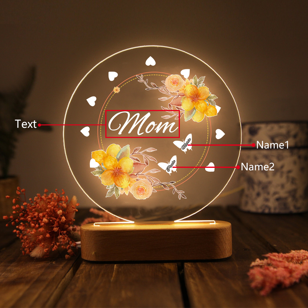 À Maman/Mamie - Lampe de chevet LED Fleurs et Papillons 2 Prénoms Personnalisés avec 1 Texte
