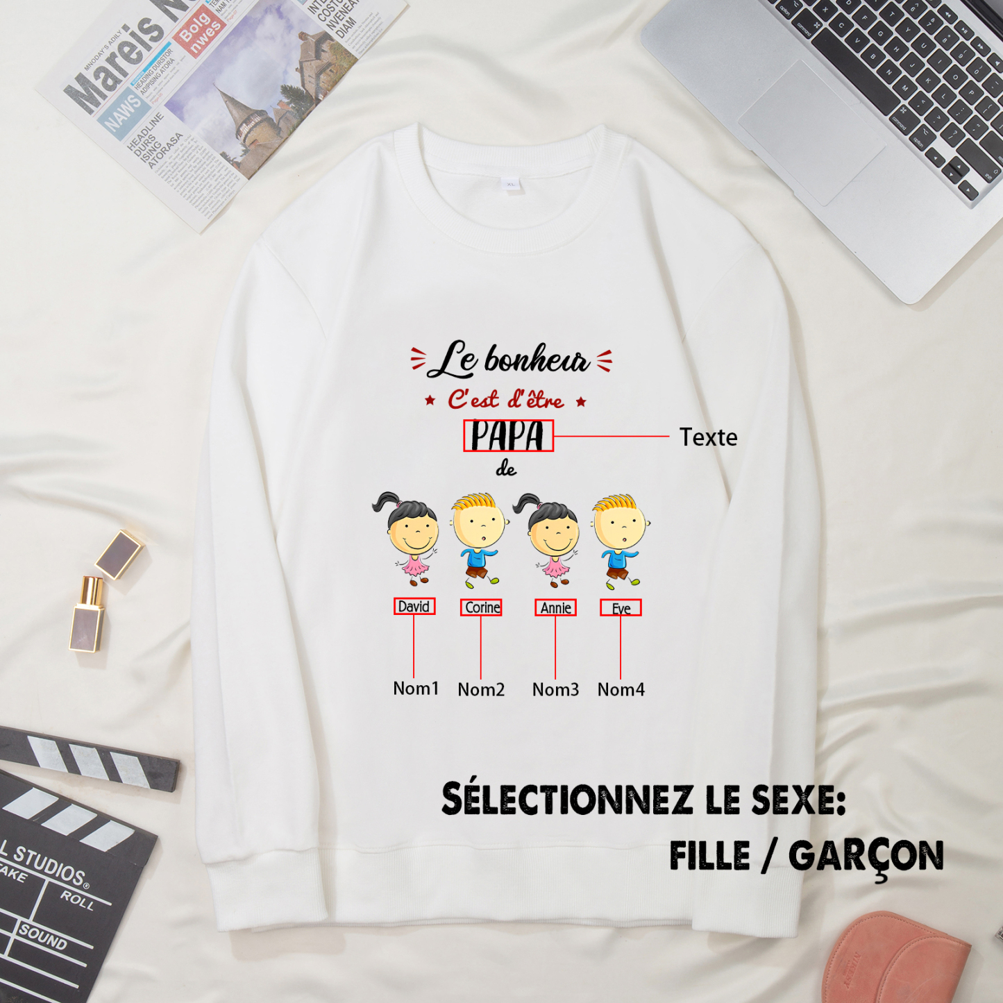 Sweat-Shirt 4 Enfants 4 Prénoms Personnalisés avec Texte
