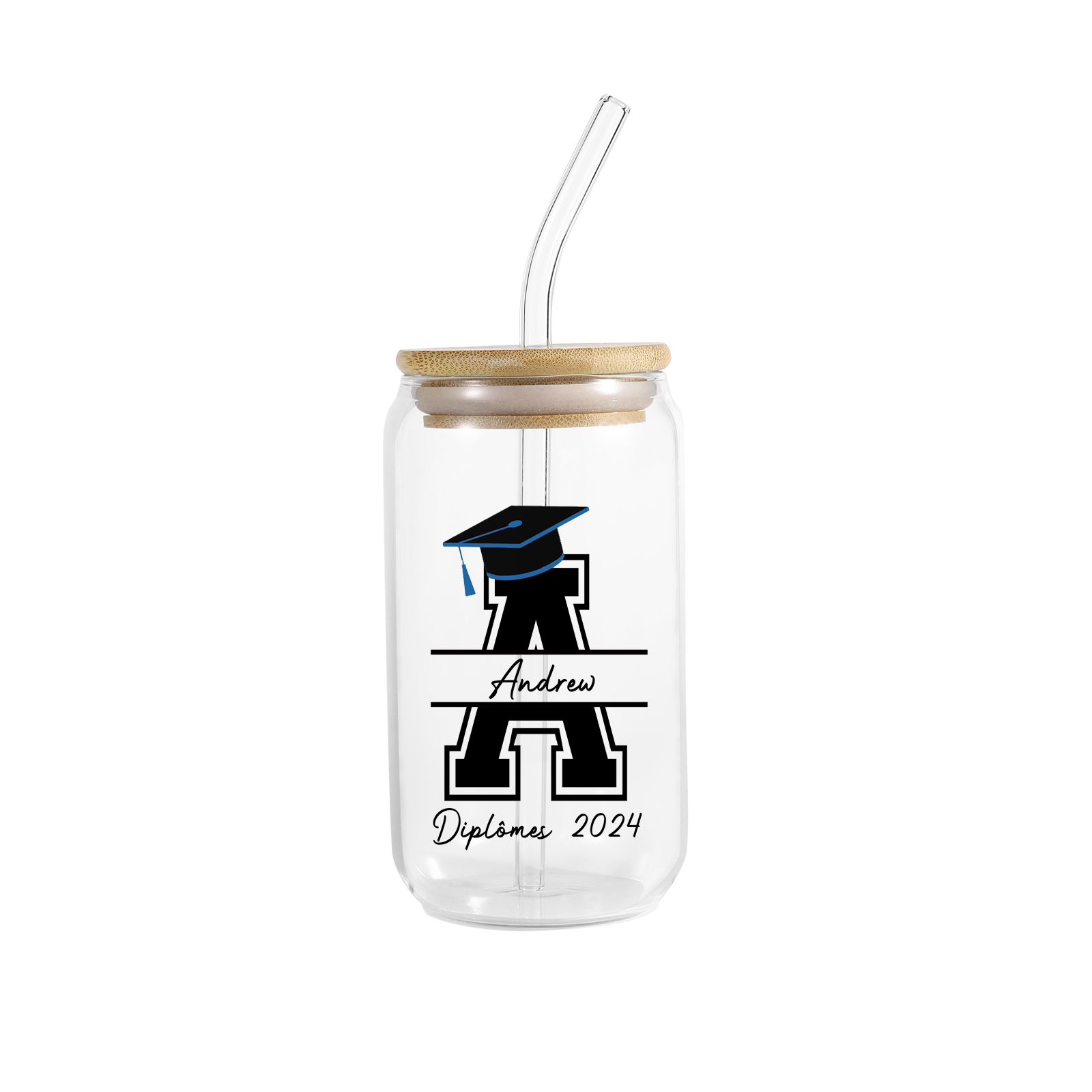 Tasse en Verre avec Paille Prénom et Lettre Personnalisés avec Texte Cadeau de remise des Diplômes