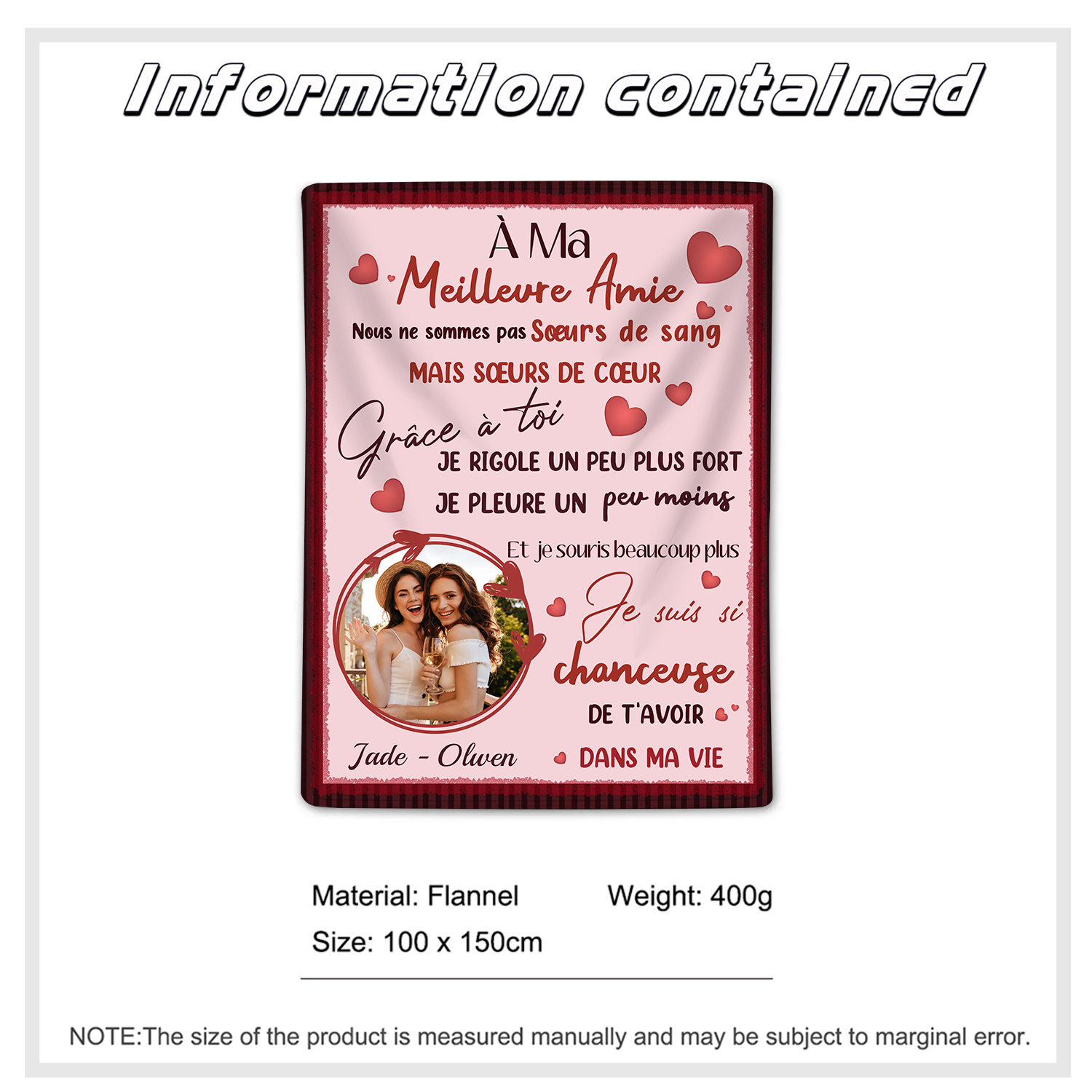 À ma Meilleure Amie - Couverture Plaids Polaire 2 Prénoms Personnalisés avec Photo