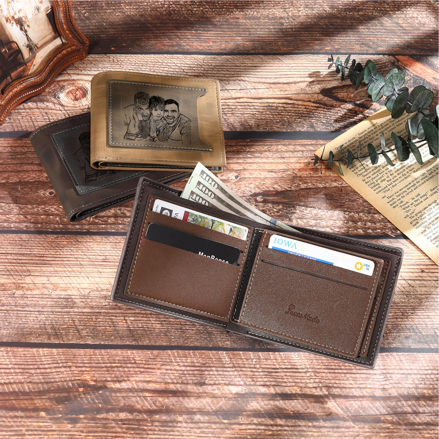 À mon Papa - Portefeuille Poings 2 Prénoms Personnalisés avec Photo Classique Homme Porte-Monnaie Carte