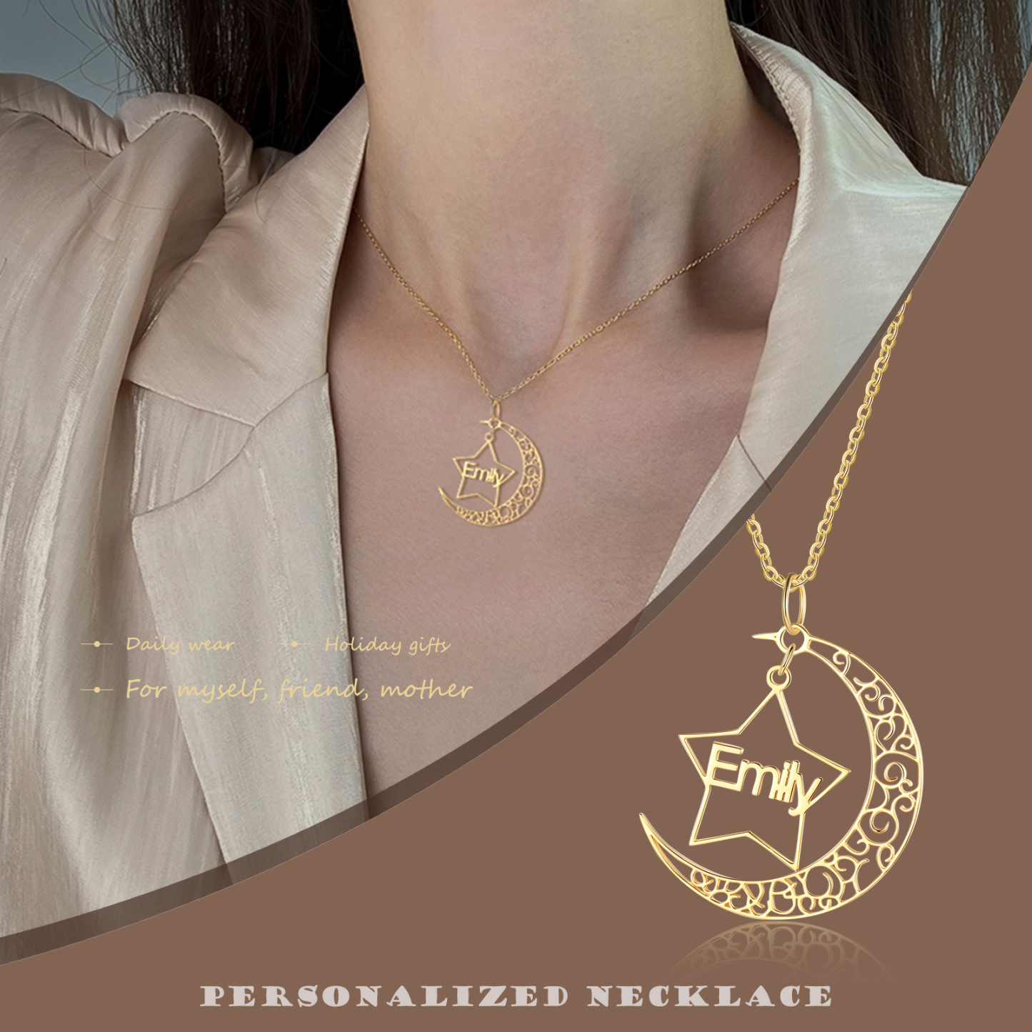 Collier étoile prénom personnalisé avec lune