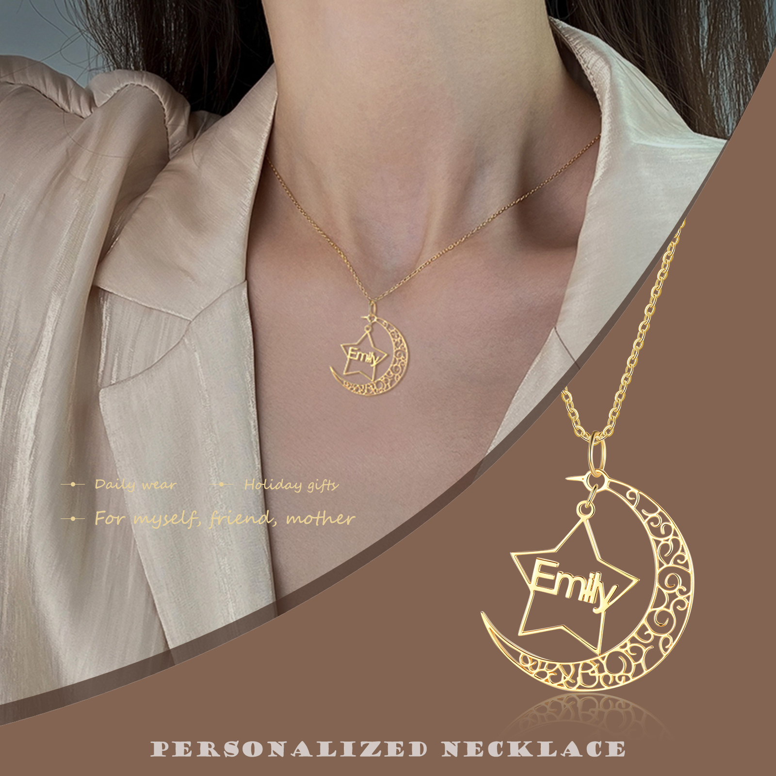 Collier étoile prénom personnalisé avec lune