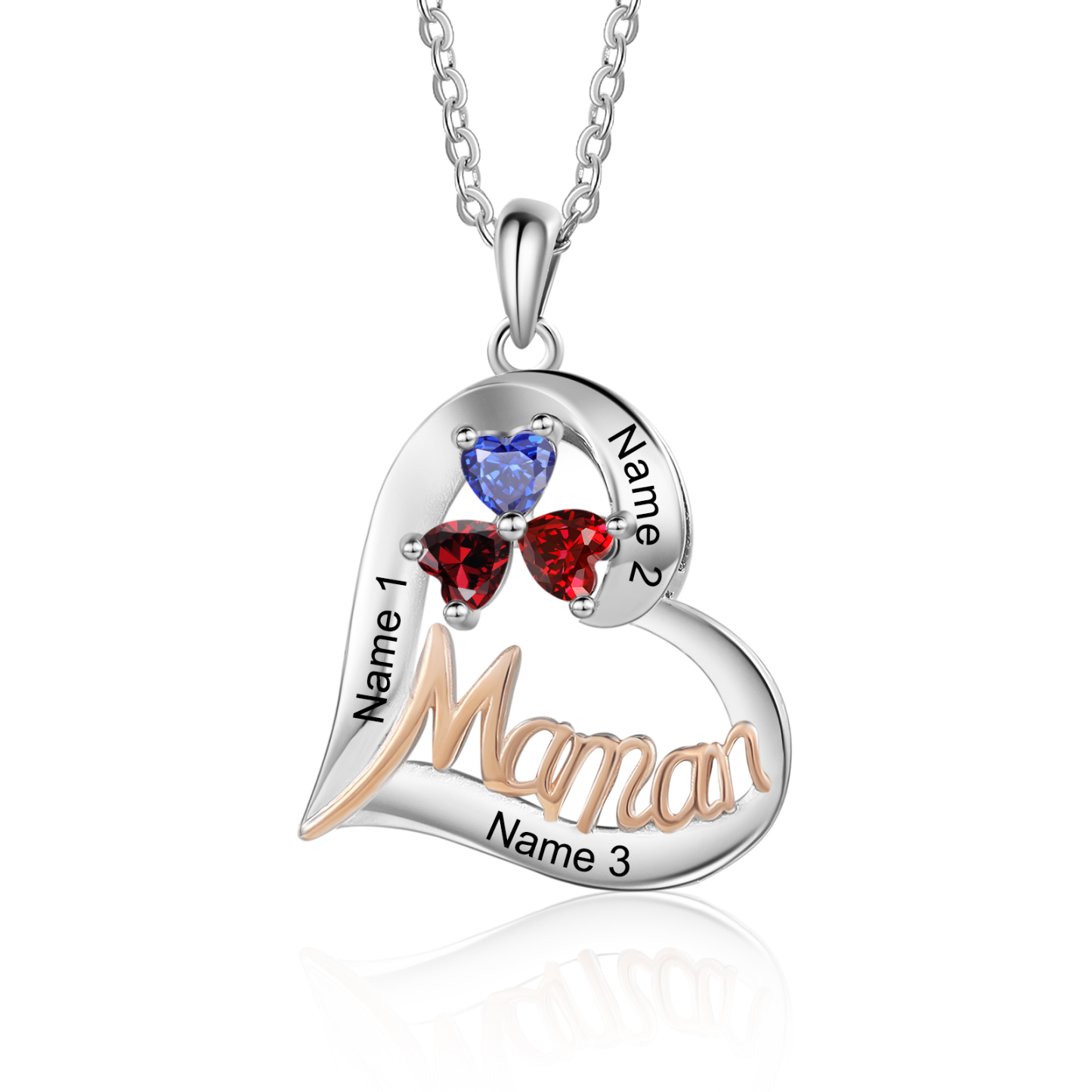 3PCS Coffret Cadeau - Portefeuille, Collier Coeur et Carte Personnalisés avec 3 Prénoms et Dessins Enfant et Pierres de Naissance | Jessemade