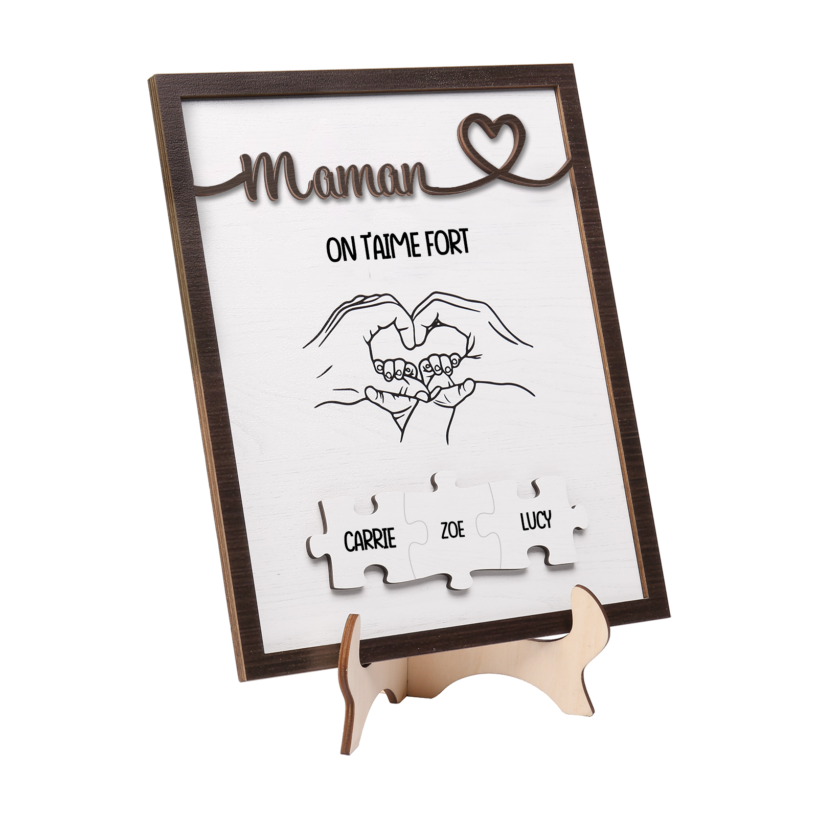À Maman - Décoration en bois Mains et Puzzles 3 Prénoms et 1 Texte Personnalisés Ornement Famille