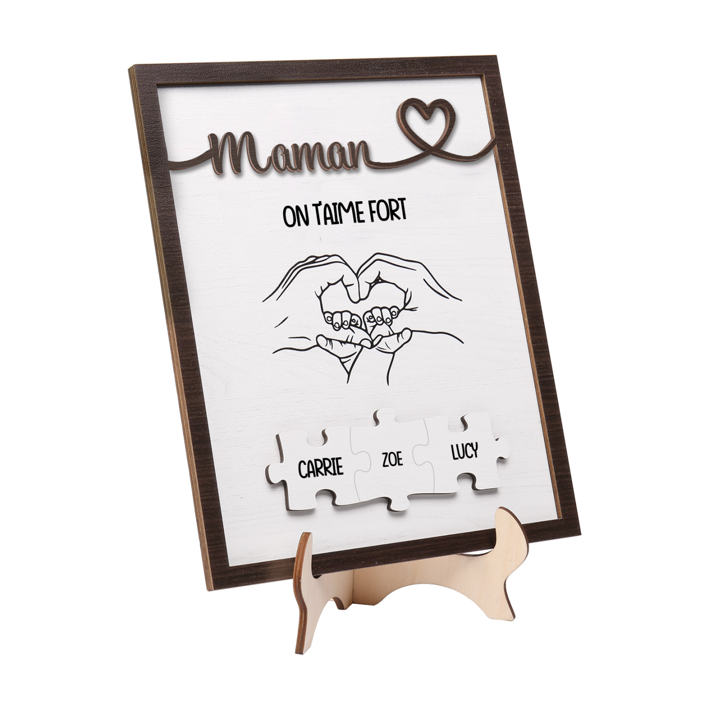 À Maman - Décoration en bois Mains et Puzzles 3 Prénoms et 1 Texte Personnalisés Ornement Famille
