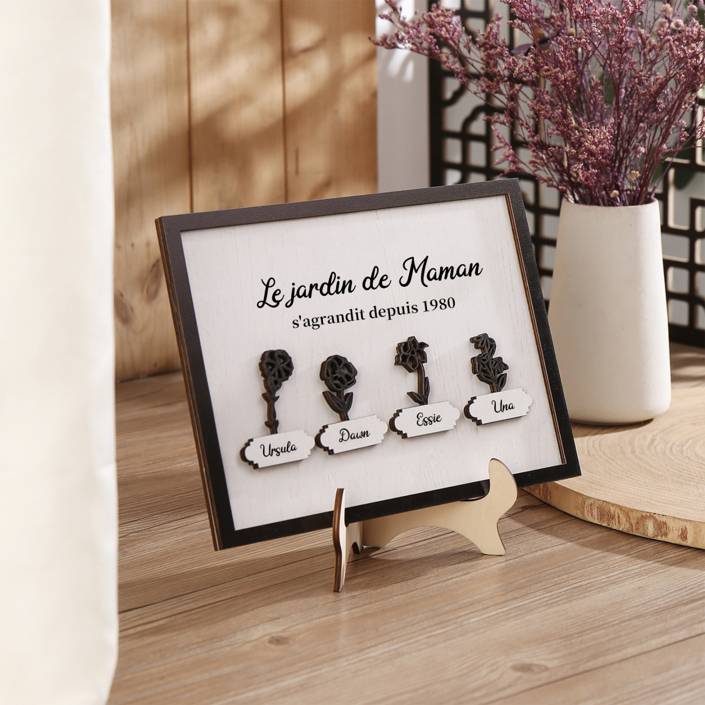 À ma Maman - Décoration en bois Fleurs 4 Prénoms Personnalisés avec Fleurs de naissance Ornement pour Famille