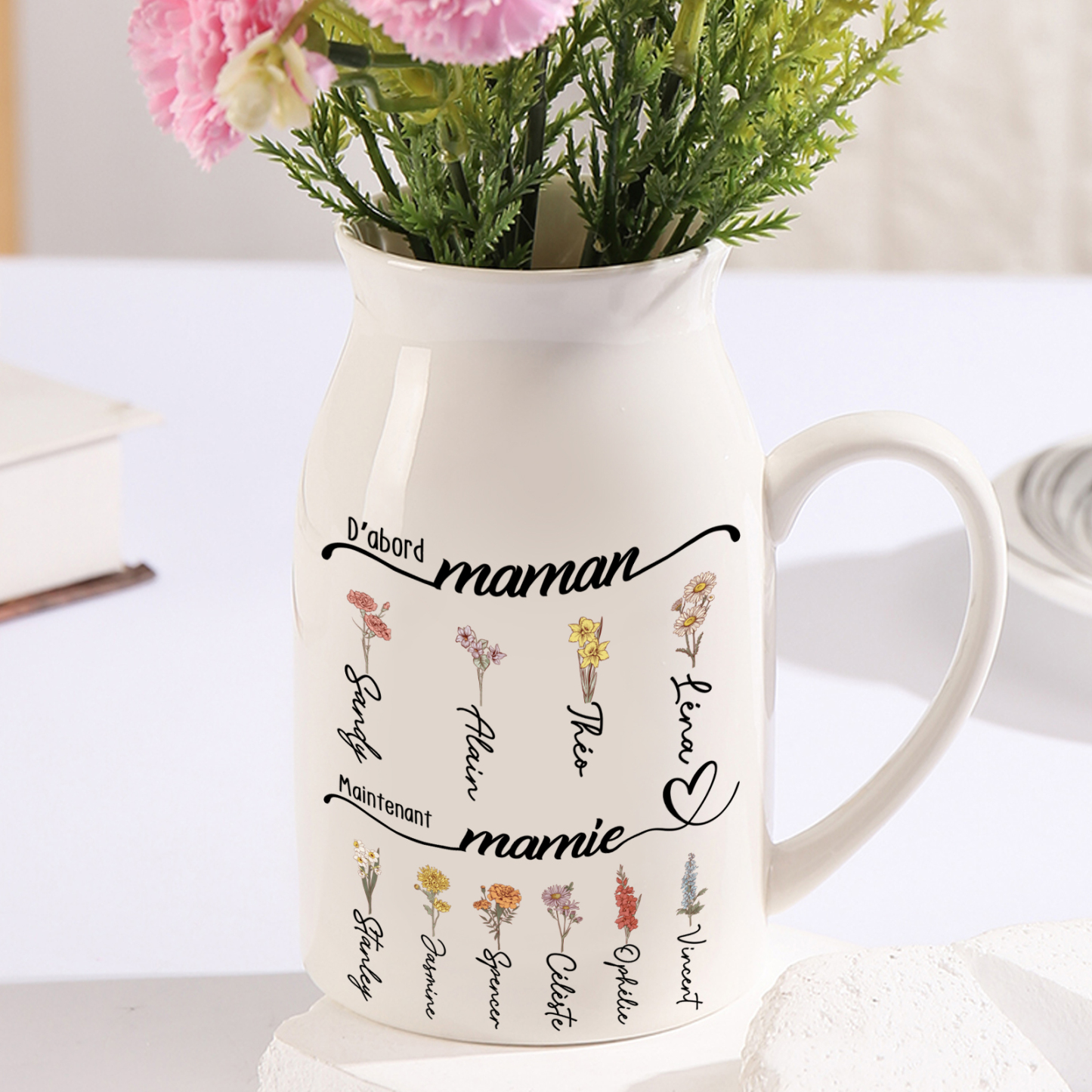 Vase à Fleurs 2-12 Prénoms Personnalisés avec Fleurs de Naissance Décoration de la Maison