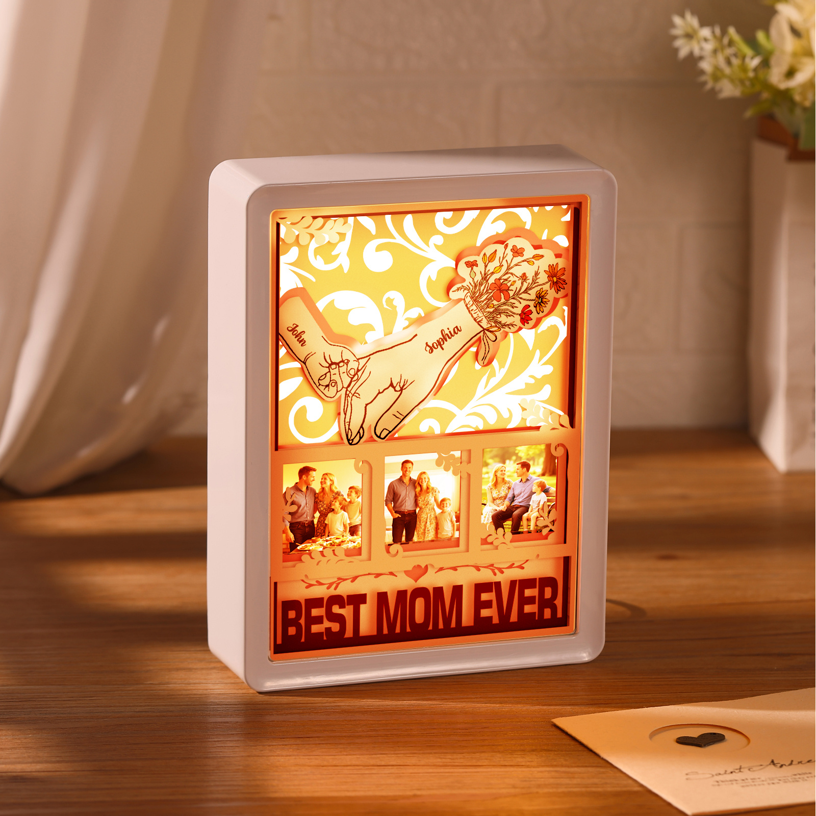 Cadre lumineux 3D en papier découpé « Main dans la main » – personnalisé avec prénoms, photos et texte