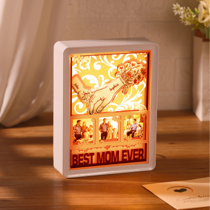 Cadre lumineux 3D en papier découpé « Main dans la main » – personnalisé avec prénoms, photos et texte