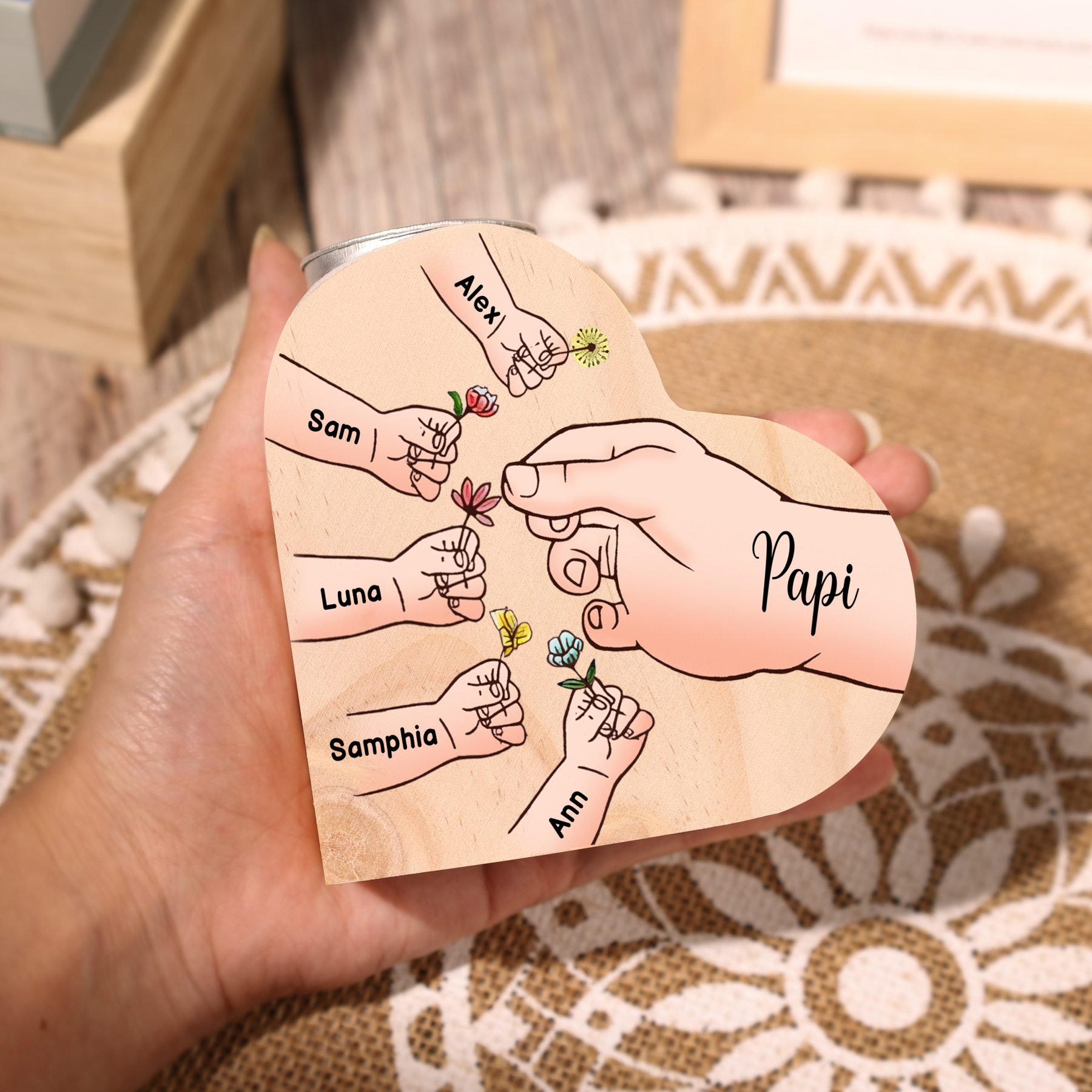 À Ma Maman/Mamie - Bougeoir en Bois Mains et Enfants 6 Prénoms Personnalisés pour Famille sans bougie