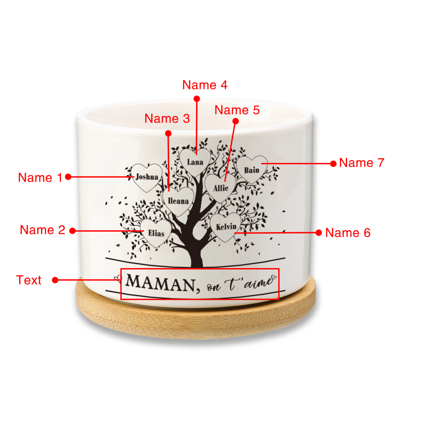 Vase/Pot de Fleurs Arbre de vie 7 Prénoms Personnalisés avec Texte Décoration de la Maison (sans plantes)