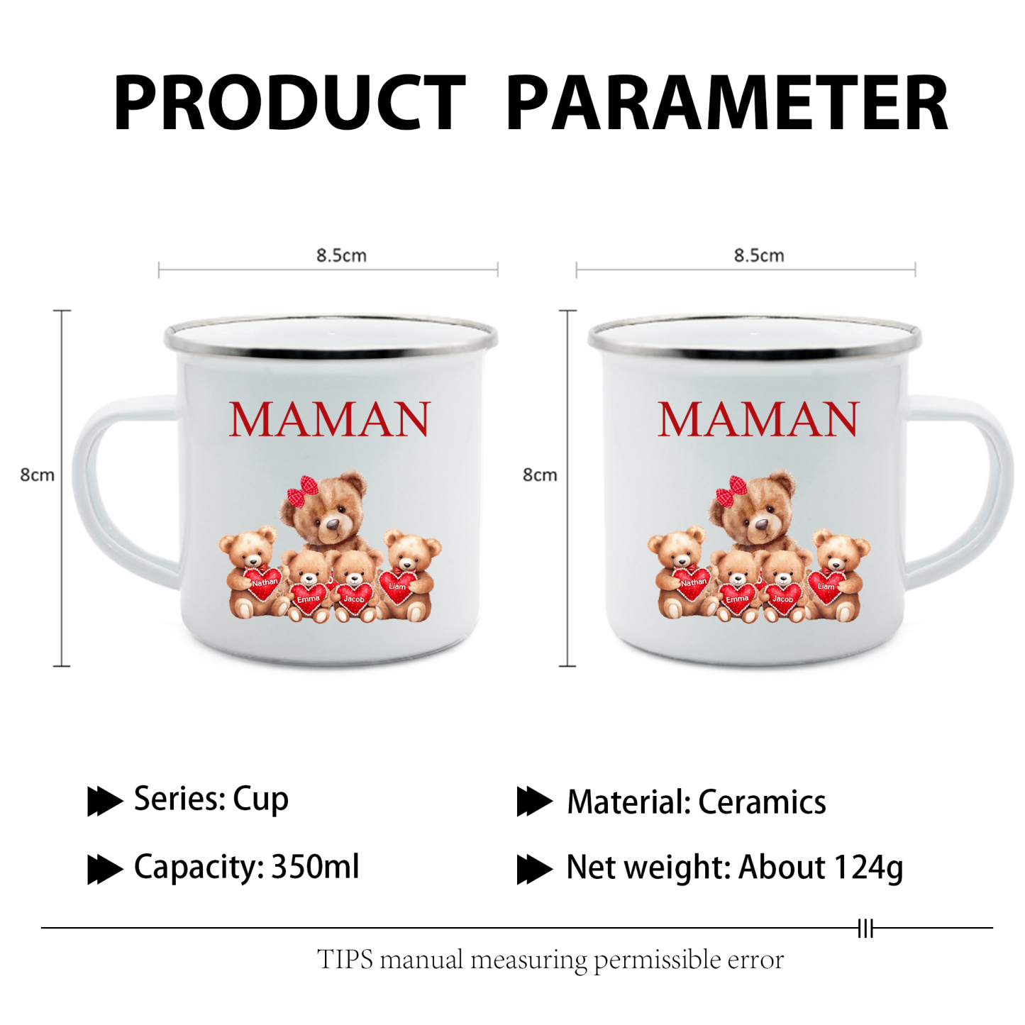 À Maman/Mamie - Tasse émaillée Ours 4 Prénoms Personnalisés