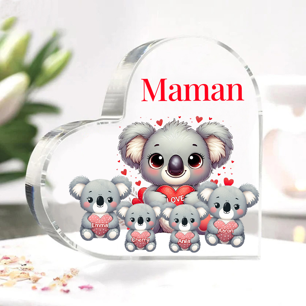 À ma Maman/Mamie - Plaque Acrylique en Forme de Cœur Koala 4 Prénoms Personnalisés avec 1 Texte