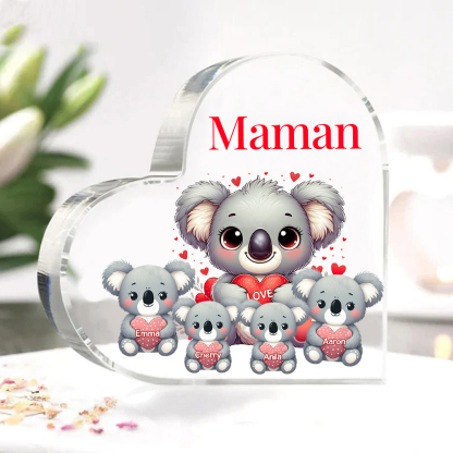 À ma Maman/Mamie - Plaque Acrylique en Forme de Cœur Koala 4 Prénoms Personnalisés avec 1 Texte